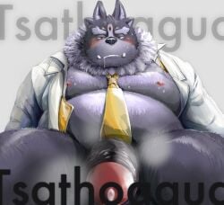 anthro balls belly bodily_fluids clothed clothing dress_shirt fur genitals grey_body grey_fur lifewonders male moobs mostly_nude necktie nipples open_clothing open_shirt open_topwear overweight penis shirt solo solo_male sweat tokyo_afterschool_summoners topwear tsathoggua_(tas) yunukopi