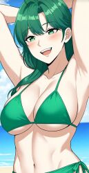 1girls ai_generated beach big_breasts cloud green_bikini green_eyebrows green_eyes green_hair long_hair sea sky smile