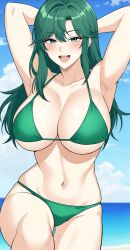 1girls ai_generated beach big_breasts cloud green_bikini green_eyebrows green_hair light-skinned_female long_hair sky