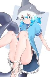 1girls animal_ears ascot bangs bare_legs blue_dress blue_eyes blue_hair blush cetacean_tail closed_mouth clothing common_bottlenose_dolphin_(kemono_friends) dress feet female fins fish_tail footwear frilled_dress frills full_body grey_hair hair_between_eyes head_fins kemono_friends knees_up legs long_hair looking_at_viewer medium_hair multicolored_hair neckerchief sailor_collar sailor_dress shirt short_dress short_sleeves simple_background skirt smile solo tail two-tone_hair underwear white_background white_footwear white_hair white_panties