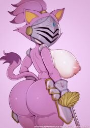 anthro ass big_ass big_breasts blaze_the_cat breasts domestic_cat gauntlets helmet hotkeke1 looking_over_shoulder nipples pink_nipples purple_body sir_percival_(sonic_and_the_black_knight) sonic_(series) tagme tail weapon