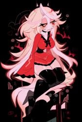 blonde_hair blush_stickers bow bowtie charlie_morningstar colored_sclera colored_skin demon_girl demon_horns female formal hazbin_hotel highres horns long_hair looking_at_viewer red_eyes red_sclera suit usa37107692 very_long_hair yellow_sclera