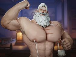 1boy 3d 3d_model 3d_render abs bara bara_tiddies bara_tits beard big_pecs blizzard_entertainment bodily_fluids dilf facial_hair flexing_bicep frogtoa gdilf lactating_nipples lactation large_pectorals long_hair long_hair_male male male_lactation male_only mature_male milk milking muscular muscular_male older_male overwatch overwatch_2 reinhardt scar_across_eye scar_on_body scar_on_face scars_all_over white_beard white_hair