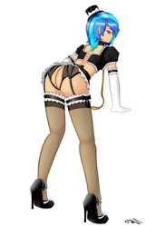 ass ass_cutout bent_over blue_hair elbow_gloves female friendship_is_magic garter_straps gloves high_heels high_resolution human humanized lace-trimmed_thighhighs leash ligerstorm looking_at_viewer looking_back maid mini_top_hat my_little_pony no_panties personification pink_eyes short_hair skirt solo thighhighs vinyl_scratch_(mlp) white_background