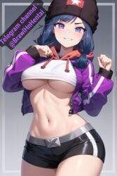 ai_generated bibi_(brawl_stars) brawl_stars cropped_hoodie hat hoodie midriff navel open_jacket shorts smile underboob