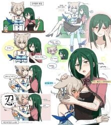 1boy 1femboy 1girl alcohol animal_ears arm_bow arrow_(symbol) bare_shoulders between_breasts black_dress black_shoes blue_bow blue_choker blue_dress blush bottle bow breasts brown_hair capelet carrying cat_boy cat_ears choker closed_mouth commentary_request crusch_karsten crying cup dress drunk fang felix_argyle femboy from_side full-face_blush full_body green_hair hair_between_eyes hair_bow hand_on_another's_face hand_on_another's_head hand_on_another's_shoulder head_between_breasts head_on_another's_shoulder heart high_heels highres holding holding_bottle holding_cup kiss kissing_cheek korean_commentary korean_text long_hair medium_breasts meomeo0303 multiple_views open_mouth orange_eyes pink_background pink_capelet princess_carry profile re:zero_kara_hajimeru_isekai_seikatsu reaching reaching_towards_another shoes short_hair simple_background sleeveless sleeveless_dress speech_bubble table talking trap upper_body white_background white_bow yellow_eyes yellow_liquid