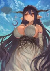 bandaged_arm bandages bare_shoulders black_hair blue_sky breasts cleavage closed_mouth cloud cowboy_shot crescent danua day draph dress female granblue_fantasy hair_between_eyes highres horn_ornament horns jewelry large_breasts long_dress long_hair necklace pointy_ears red_eyes sky sleeveless sleeveless_dress solo takup third-party_source very_long_hair white_dress