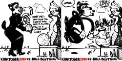 2024 2:1 anthro ballbusting balls big_balls bodily_fluids bondage bound cock_and_balls_torture cum desert duo ejaculation encasement english_text female genital_fluids genital_torture genitals hammer hi_res kinktober kinktober_2024 male onomatopoeia penis sapervash sound_effects text tools
