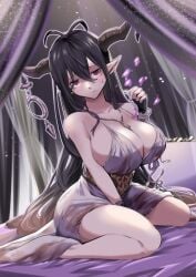 antenna_hair aoi_takeru bandaged_arm bandages bare_shoulders black_hair breasts cleavage commission crescent danua draph dress female fingerless_gloves gloves granblue_fantasy hair_between_eyes highres horn_ornament horns jewelry large_breasts long_dress long_hair necklace pointy_ears red_eyes sitting skeb_commission sleeveless sleeveless_dress solo thighs very_long_hair wariza white_dress