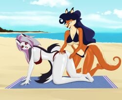 2girls all_fours anoneysnufftan anthro applying_sunscreen ass_grab beach beach_towel bikini blue_hair carmelita_fox crossover edasbild embarrassed female female_only fox furry helluva_boss humiliation imminent_death killer_lotion kneeling long_hair loona_(helluva_boss) massage murder orange_body peril punishment red_eyes rubbing sand sly_cooper_(series) snuff summer sunbathing swimsuit tail towel white_body wolf