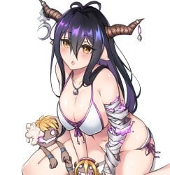 2others antenna_hair bandaged_arm bandages bikini black_hair breasts cleavage crescent danua danua_(summer)_(granblue_fantasy) doll draph female front-tie_top granblue_fantasy gretel_(granblue_fantasy) hansel_(granblue_fantasy) horn_ornament horns jewelry jibako large_breasts layered_bikini long_hair multiple_others navel necklace official_alternate_costume pointy_ears swimsuit white_background white_bikini yellow_eyes