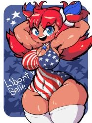 1girls american_flag arms_behind_head big_breasts blue_eyes blush breasts clothed clothing humanoid leotard liberty_belle_(oc) looking_at_viewer necklace open_mouth original_character red_hair sawcraft1 seedrian solo sonic_(series) thick_thighs white_stockings