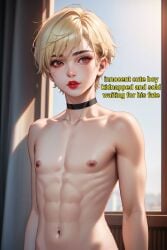 1boy 1femboy 3d abs afroking ai_generated anime_style athletic athletic_male belly_button blonde_hair blonde_hair_male brown_eyes caption choker choker_only cute cute_face english_text exposed_breasts exposed_nipples exposed_torso femboy fit fit_male flat_chest flat_chested gay hard_nipples lips lipstick makeup male male_only medium_hair messy messy_hair muscles muscular muscular_male naked naked_male navel pale-skinned_male pale_skin red_lipstick scared sissy solo text topless topless_male twink white_body white_skin worried yaoi