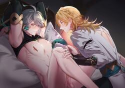 2boys absurdres alhaitham_(genshin_impact) aqua_eyes arms_up black_shirt black_sleeves blonde_hair blonde_hair_male blonde_hair_top closed_mouth clothes_lift cum feathers gay genshin_impact grey_hair hair_between_eyes hair_ornament hair_over_one_eye highres kaveh_(genshin_impact) kuxxxgsbl long_hair long_sleeves male male/male male_focus multicolored_hair multiple_boys nipples nude open_clothes open_shirt penis sex shirt shirt_lift short_hair spread_legs testicles white_shirt x_hair_ornament yaoi