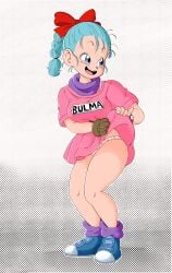 big_ass big_breasts big_butt big_eyes blue_eyes blue_hair bra bulma_(dragon_ball) bulma_briefs dragon_ball dragon_ball_(classic) eyelashes female female_focus female_only gloves halftone headband lifting_skirt neckwear open_mouth panties pink polka_dot polka_dot_panties simple_background slimray thick thick_hips thick_thighs tied_hair