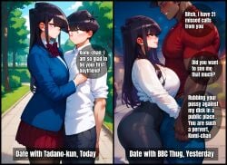 1girls 2boys ai_generated ass bangs black_eyes black_hair blush bow bowtie breast_press breasts bulge cheating cheating_(relationship) cheating_girlfriend closed_mouth comic cuckold curvy curvy_figure dark-skinned_male dark_skin eleanor_ntr english_dialogue english_text from_side grin height_difference huge_breasts interracial jacket komi-san_wa_komyushou_desu komi_shouko large_breasts long_hair looking_at_another muscular muscular_male netorare ntr outdoors pants pantyhose school_uniform shirt sidelocks size_difference skirt smile speech_bubble standing straight text thick_thighs thighs uncensored white_shirt