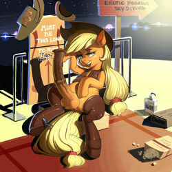 2013 applejack_(mlp) balls blonde_hair boots bottomless brown_penis cowboy_hat english_text equine erection femboy flat_chested friendship_is_magic furry genderswap_(ftm) green_eyes hair hat horse horsecock huge_cock inviting kevinsano lights long_hair looking_at_viewer lube male male_only my_little_pony naughty_face night night_sky orange_fur penis pony pose rubber rule_63 sea seaside shiny sitting sky smile smooth_skin solo sound_effects spread_legs spreading stars suggestive text thigh_boots thigh_high_boots tied_hair tied_tail vein veiny_penis water