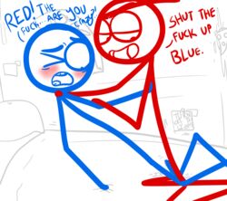 bed blue_(dick_figures) blush cowgirl_position cum dialog dick_figures gay male multiple_males open_mouth probably_rape red_(dick_figures) rondellwashington sex stickfigure stickman stickmans text toony yaoi