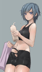 1futa bike_shorts blue_eyes blue_hair bulge color erection futa_only futanari intersex precum short_hair simple_background solo sports_bra tagme taishi_(artist) testicles torn_clothes towel uncensored water_bottle