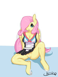 2013 anthro anthrofied blue_eyes bottomless breasts chrnos cleavage clothing dress equine female fluttershy_(mlp) friendship_is_magic hair hair_over_eye horse horseshoe looking_at_viewer my_little_pony open_mouth pegasus pink_hair pony pussy skirt solo straight_hair upskirt wings yellow_fur