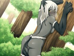 against_tree animal_ears ass breasts cat_ears catgirl color day female female_only grey_skin hair hatsuen_kikan looking_back nude open_eyes outdoors pussy solo sweat tail tree white_hair yellow_eyes