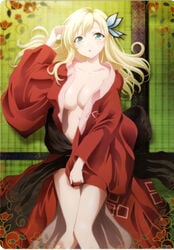 blonde_hair blush boku_wa_tomodachi_ga_sukunai breasts butterfly_hair_ornament cleavage female human kimono nakahara_kiyotaka no_bra possible_duplicate sena_kashiwazaki voluptuous