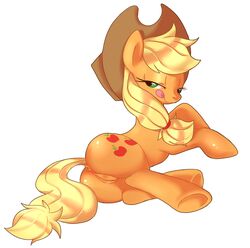 2013 anus applejack_(mlp) blonde_hair color cowboy_hat cutie_mark equine female female_only feral friendship_is_magic fur furry_ears green_eyes hair hat hooves horse looking_at_viewer looking_back lying my_little_pony on_side orange_fur plain_background pointy_ears pony pussy sion_(artist) solo tail tongue vulva white_background