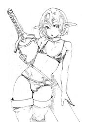 1boy aian bikini bob_cut elf ironkat male male_only monochrome panties penis pointy_ears short_hair sketch solo sword tattoo thighhighs trap weapon