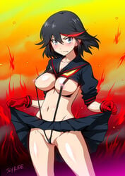 1girls adult_swim between_labia black_hair blue_eyes blush breasts cleavage female gloves highlights hourglass_figure innie_pussy joy_ride kill_la_kill matoi_ryuuko navel school_uniform senketsu serafuku shirt_lift skirt skirt_lift sling_bikini solo suspenders sweatdrop toonami two_tone_hair voluptuous