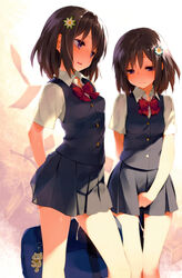 2girls bag blush bowtie brown_hair covering covering_crotch cum cumdrip flower gayarou hair_flower hair_ornament high_resolution keychain looking_down multiple_girls original paper parted_lips pleated_skirt purple_eyes scan school_bag school_uniform shoulder_bag siblings skirt standing sweat twins vest