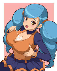 ace_trainer_(pokemon) ace_trainer_(pokemon_bw) aqua_hair blush breast_squeeze breasts choker cleavage cum cum_in_cleavage cum_on_body cum_on_breasts cum_on_upper_body drill_hair erect_nipples female large_breasts long_hair miniskirt nintendo pleated_skirt pokemon pokemon_bw s-cap skirt solo twin_drills yellow_eyes