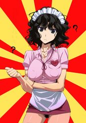 amagami apron black_eyes black_hair breasts erect_nipples female headdress jaga_note no_panties pubic_hair puffy_areola puffy_nipples short_hair skirt solo standing tanamachi_kaoru waitress