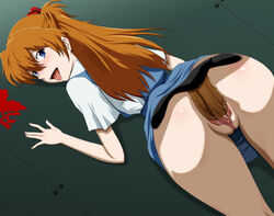 1girls against_wall ass asuka_langley_sohryu blue_eyes blush breasts circle_anco clitoris clothed_sex clothing dark-skinned_male dark_skin female from_behind gainax highres human interracial legs light-skinned_female light_skin long_hair looking_back male neon_genesis_evangelion nerv no_panties open_mouth orange_hair penis pussy school_uniform sex skirt skirt_lift smile solo_focus straight thighs tongue tongue_out uncensored vaginal_penetration