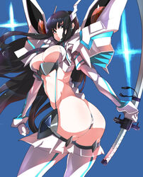 1girls adult_swim armor ass bakuzan bikini_armor black_hair breasts cleavage female female_only green_eyes junketsu katana kill_la_kill kiryuuin_satsuki long_hair makai solo suspenders sword thigh_boots thong toonami very_long_hair voluptuous weapon