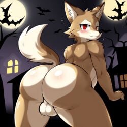 1boy 1furry 1male ai_generated anthro balls big_ass big_ass_(male) big_butt big_butt_(male) brown_fur brutal_paws_of_fury candougie canid canine canis coyote frosting.ai furry furry_ass furry_balls furry_butt furry_only gay gay_male halloween kendo_coyote male male_only red_eyes solo solo_male