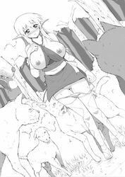 1girls 5boys blush breasts breasts_out canine chiba_tetsutarou clothing dress dutch_angle elf erection female forest huge_breasts imminent_rape large_breasts monochrome nature nipples open_mouth panties panty_pull penis pointy_ears pussy saliva stockings straight sweat thigh_gap thighhighs tiffania_westwood tongue underwear white_background zero_no_tsukaima zoophilia