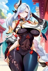 2d ai_generated big_breasts bodysuit day female female_focus female_only genshin_impact long_hair outdoors shenhe_(genshin_impact) solo solo_female solo_focus standing tagme white_hair