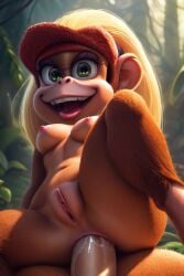 1girls ai_generated anal beret blonde_hair breasts brown_fur cleft_of_venus completely_nude_female dixie_kong donkey_kong_(series) donkey_kong_country female_focus furry furry_female green_eyes monkey_girl nature navel nintendo nipples non-web_source nude_female ponytail pussy rareware sex