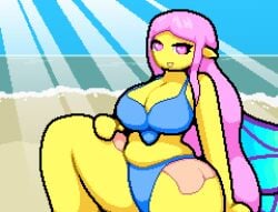 big_breasts big_thighs blue_bikini empress_of_light frilled_bikini heart-shaped_pupils huge_thighs ocean okami_tomato pink_hair pixel_art terraria water