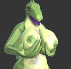 1girls 3d 3d_model 3d_render anthro areolae breast_grab breasts crocodile crocodilian furry green_(notgreen0015) green_skin grey_background humanoid low_poly massive_breasts masturbation nipples no_humans notgreen0015 oc pointy_fingers purple_tongue reptile reptile_humanoid reptilian smiling solo solo_female