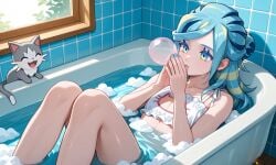 1boy ai_generated bath bathing bathroom bathtub blowing blowing_bubbles blue_eyes bra bubble_bath bubbles bulge cat_cutout femboy grusha_(pokemon) happy lingerie male nail_polish nails_painted otoko_no_ko panties playing playing_in_bathtub playing_with_bubbles pokemon thighs water