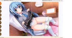 artist_request blue_hair blush crease female high_resolution long_hair looking_at_viewer panty_pull peeing pussy ribbon school_uniform skirt_lift slippers thighhighs toilet toilet_paper toilet_use trash_can uncensored young