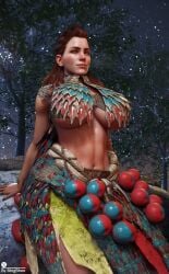 3d 3d_(artwork) aloy belly bhigbhee bracelet bracelets choker clothed clothing female female_only fit_female freckles hair_ornament hi_res highres horizon_forbidden_west horizon_zero_dawn jewelry large_breasts long_hair looking_at_viewer makeup nail_polish orange_hair outside red_hair ring skirt solo underboob voluptuous watermark