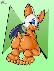 anthro anus ass bat feet female fours_(artist) genitals green_eyes hi_res kneeling looking_back mammal orange_body presenting presenting_hindquarters pussy rouge_the_bat sega solo sonic_the_hedgehog_(series)