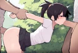 2boys ai_generated anal arm_grab bent_over big_ass black_hair black_skirt blush bottomless breasts fellatio female forest gangbang half-closed_eyes large_penis looking_pleasured motion_lines outdoors ponytail skirt_lift stable_diffusion thick_penis white_shirt