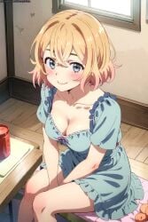 1 ai_generated blonde_hair breasts casual kanojo_okarishimasu looking_at_viewer nanami_mami sitting smile solo