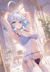 1girls ai_generated armpits arms_up babydoll belly_button blue_eyes breasts furina_(genshin_impact) garter_belt garter_straps genshin_impact lingerie looking_at_viewer midriff panties petite petite_body petite_female pose posing sidillusts small_breasts smile smooth_skin solo thighhighs underwear white_hair