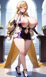 ai_generated blonde_hair blue_eyes breasts breasts_out genshin_impact gloves high_heels large_breasts navia_(genshin_impact) nipple_piercing nipples outcyli731 slut slutty_outfit stable_diffusion thick_thighs