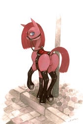 2013 anus bit_gag blue_eyes boots bridle equine female feral friendship_is_magic fuchs gag hair hooves horse horseshoe looking_at_viewer my_little_pony pink_fur pink_hair pinkie_pie_(mlp) plain_background pony pussy saddle simple_background solo