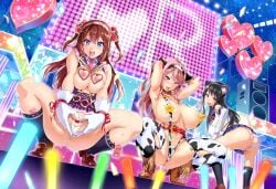 3girls :d animal_ears animal_print arms_up ass ass_cutout black_hair black_socks blue_eyes blue_legwear blush boots breasts brown_eyes brown_hair cat_ears clothing_cutout condom condom_packet_strip condom_wrapper covered_erect_nipples cow_ears cow_print cowboy_boots elbow_gloves fake_animal_ears gloves glowstick hairband heart heart-shaped_pupils heart_cutout heart_hands honami_aihara huge_breasts idol imaria kneehighs large_breasts loafers long_hair mukahi_kisara multiple_girls necktie nippleless_clothes nipples open_mouth original panties pasties pink_eyes pink_hair pink_panties plaid pussy_juice shoes slingshot_swimsuit smile socks squatting stage swimsuit symbol-shaped_pupils takeda_hiromitsu thighhighs tongue tongue_out two_side_up underwear white_gloves white_panties yumenoki_seika